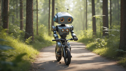 Obraz premium A cute small 3D render robot that is riding a bike in a forest road