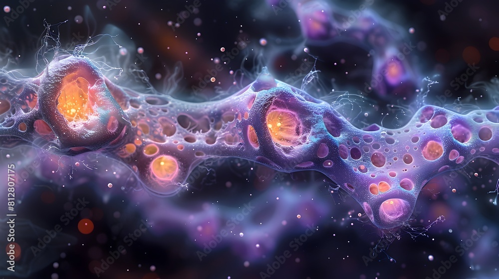 Poster captivating microscopic cosmos a vibrant visualization of cellular structures and cosmic energies