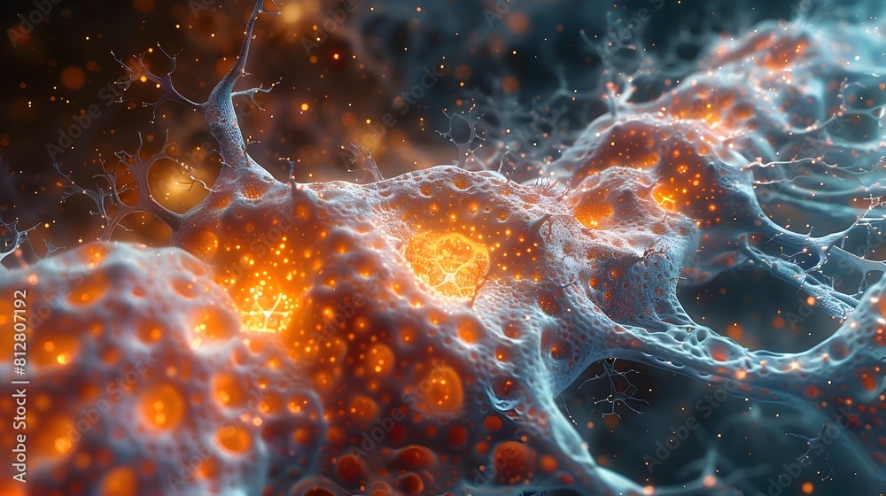 Poster intricate microscopic structures of an unidentified disease or microorganism in vibrant color and te