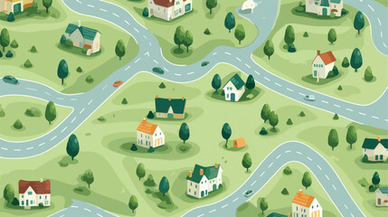 Cartoon map seamless pattern with houses and roads