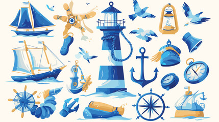 Cartoon nautical elements - lighthouse anchor compa