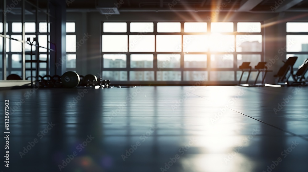 Poster Gym interior and empty space or dark room with window and light flare for exercise training and fitness workout No people sports club and floor layout of exercising venue facility and  : Generative AI