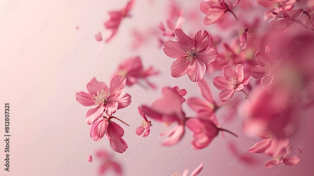 Poster a beautiful image of sping pink flowers flying in the air on the pastel pink background levitation c