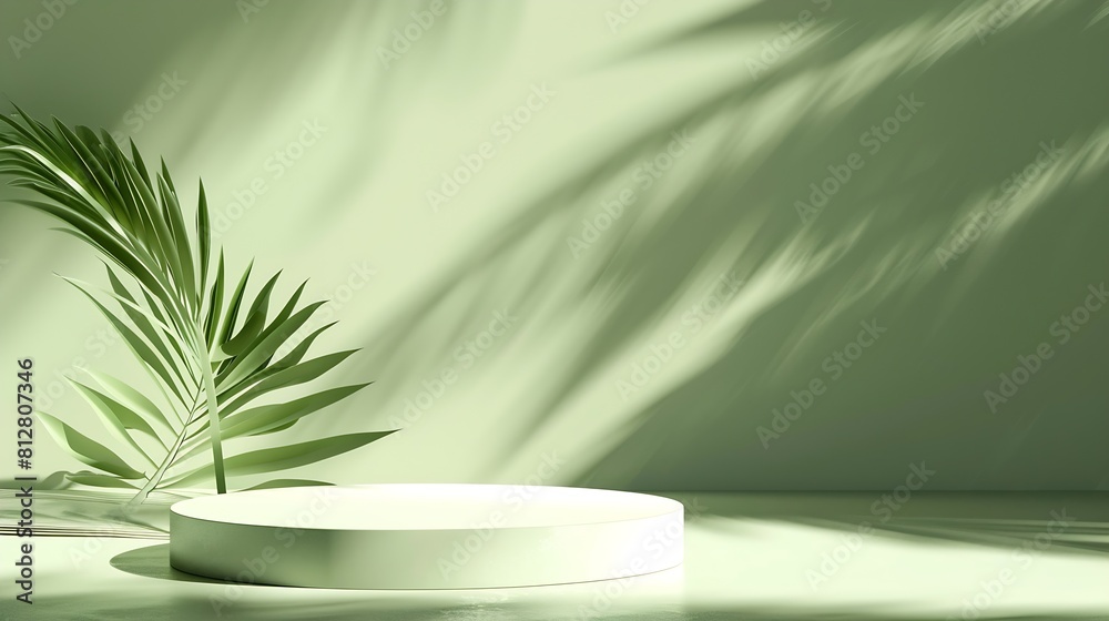 Poster Minimal abstract background for the presentation of a cosmetic product Empty premium podium with a shadow of tropical palm leaves on a green background Showcase display case : Generative AI