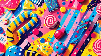 Candy and structured patterns converge in a lively, colorful artwork