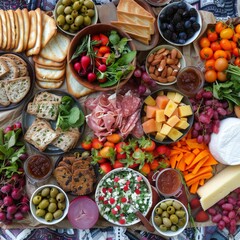 Vibrant Outdoor Picnic Spread with Fresh Fruits, Deli Meats, and Cheeses