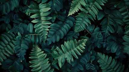 Fototapeta premium Natural background of young fern leaves on a dark background. A garden or a park.