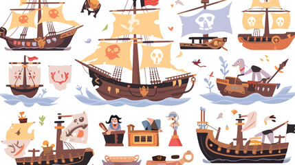 Cartoon pirate set - sailboat ship treasure chest a