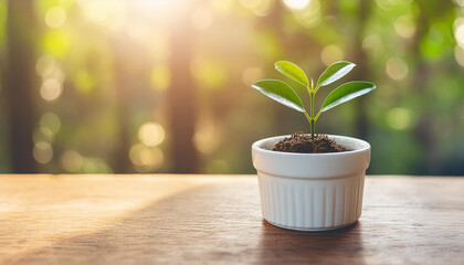 Close-up of green seedling plant growing from small ceramic pot on wooden table. Nature and ecology