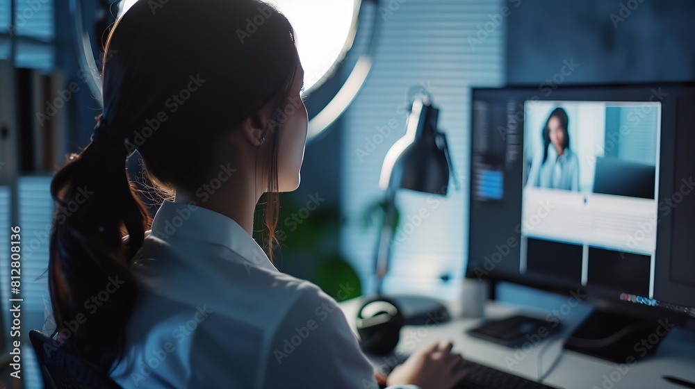 Poster woman viewing photography portfolio website on computer screen : generative ai