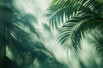 Fototapeta na wymiar Digital image of shadows of palm tree leaves on wall of green room