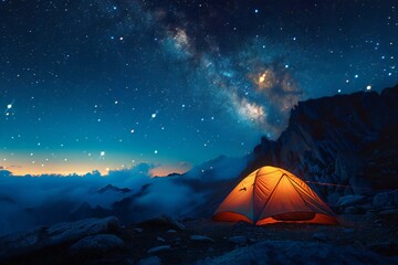 A camp tent with stars in the sky over a mountain