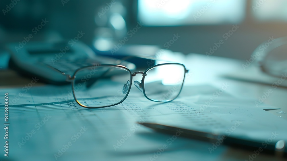 Aufkleber desk of bookkeeper with balance sheet and calculator on desk focused on eyeglass nobody : generative