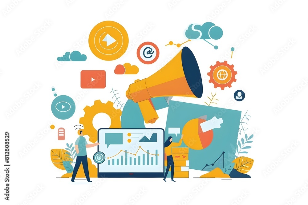 Aufkleber marketing and business analytics visualization with flat design elements