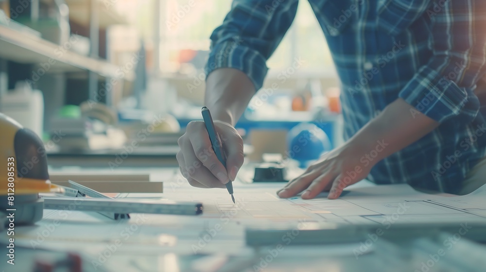 Poster Architect or engineer working on building blueprint contractor designing and drawing blueprint layout with tool for construction project Civil engineer and architecture design concept  : Generative AI