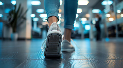 Fototapeta premium Close up of a woman's feet walking in sneakers on the floor, with a blurred office interior background and copy space. A concept for social distance abidance during a business work day