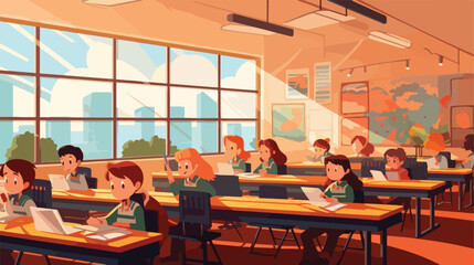 Cartoon vector illustration of school kids studying