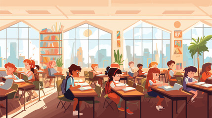Fototapeta na wymiar Cartoon vector illustration of school kids studying