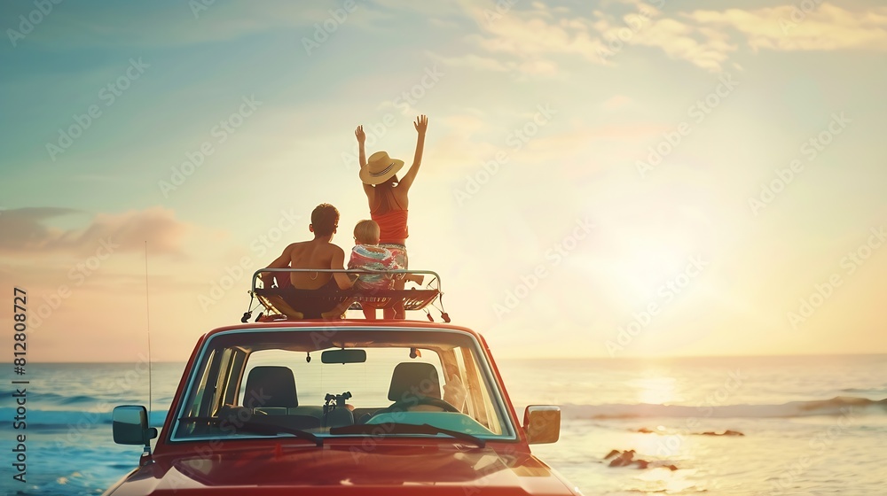 Wall mural holiday and travel family concept summer vacations happy family enjoying road trip with their favori - Wall murals