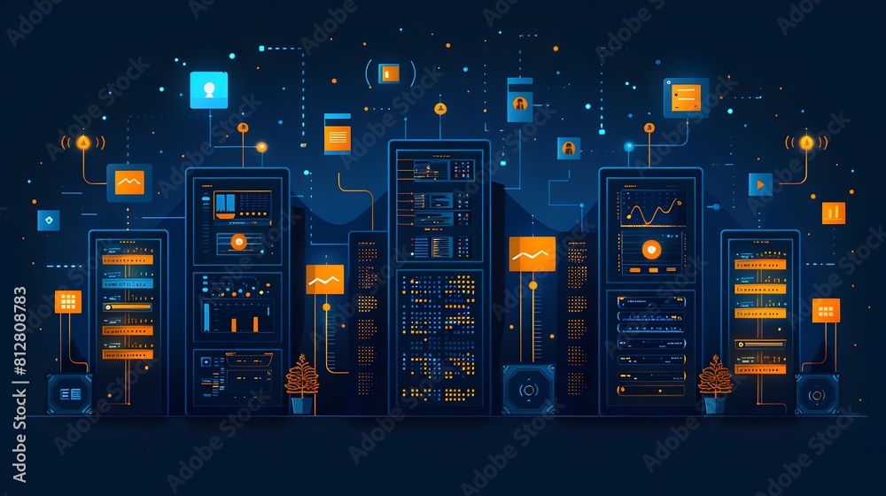 Aufkleber futuristic digital technology landscape with server concept and data analytics infographics