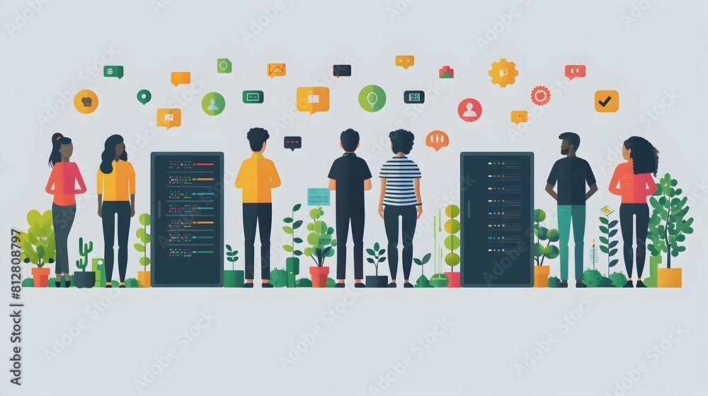 Poster Diverse Team Collaborating on Technical Solutions in Modern Digital Workspace