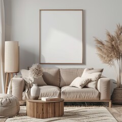 The living room features a comfortable couch and a sleek table. The room is well-lit, creating a welcoming atmosphere. Interior mockup. Mock up picture in home interior