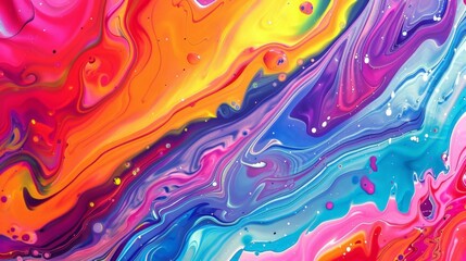 A dynamic painting featuring a vibrant array of colors blending together in intricate patterns. The various hues form a visually stimulating composition that captures the eye with its rich diversity.