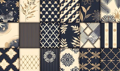 Seamless patterns set with traditional Japanese art deco design elements in navy blue and beige colors, vector illustration. Modern geometric decorative texture for textile fabric print design