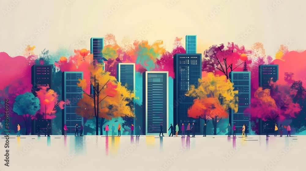 Aufkleber vibrant cityscape with geometric architecture and vibrant color palette against backdrop of lush fol