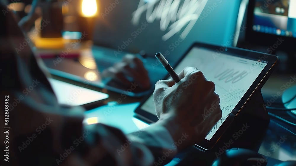 Leinwandbilder graphic designer sketching new project on tablet working with laptop in office : generative ai