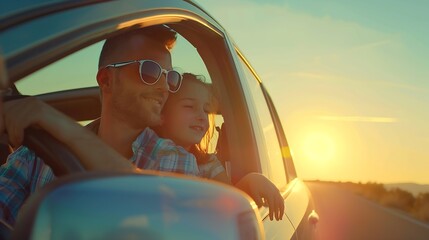 Naklejka premium Happy Family with car travel road trip summer vacation in car in the sunset Dad mom and daughter happy traveling enjoy together driving in holidays people lifestyle ride by automobile : Generative AI