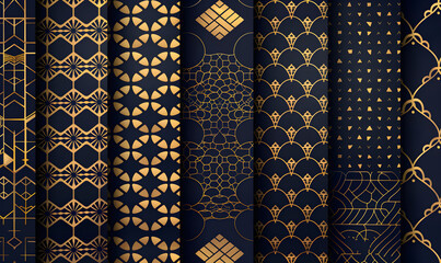 Seamless patterns set with traditional Japanese art deco design elements in navy blue and beige colors, vector illustration. Modern geometric decorative texture for textile fabric print design