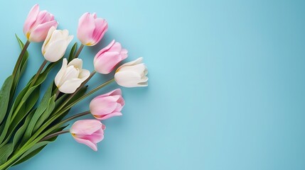 Mothers Day concept Top view photo of bouquet of white and pink tulips on isolated pastel blue background with copyspace : Generative AI
