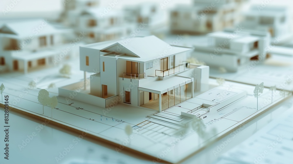 Poster architectural model of houses on blueprint draw isolated on white background banner layout with copy space for building construction plan or real estate sale Image usable for concept o : Generative AI