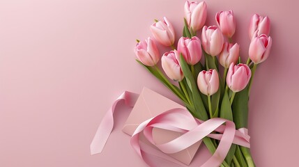 Mothers Day concept Top view photo of bouquet of pink tulips tied with silk ribbon and envelope with postcard on isolated pastel pink background with copyspace : Generative AI