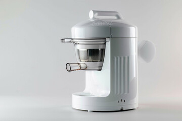An elegant white juicer with a vertical design and a BPA-free juice collector isolated on a solid white background.