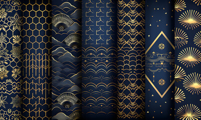 Seamless patterns set with traditional Japanese art deco design elements in navy blue and beige colors, vector illustration. Modern geometric decorative texture for textile fabric print design