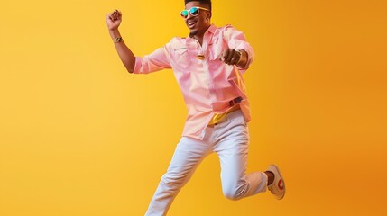 Full size photo of funky guy dance summer vacation active person wear shirt pants shoes sun specs...