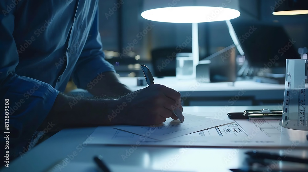 Poster Engineer discussing meeting for architectural project working with partner and engineering tools on workplace Planning Design Draw Teamwork : Generative AI