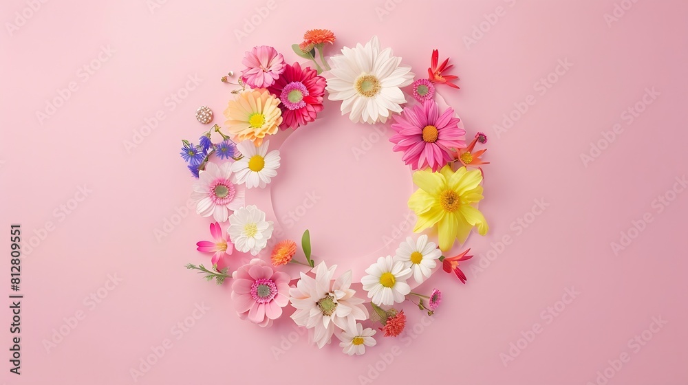 Aufkleber creative layout made of colorful spring flowers in the paper circle pastel pink background spring su