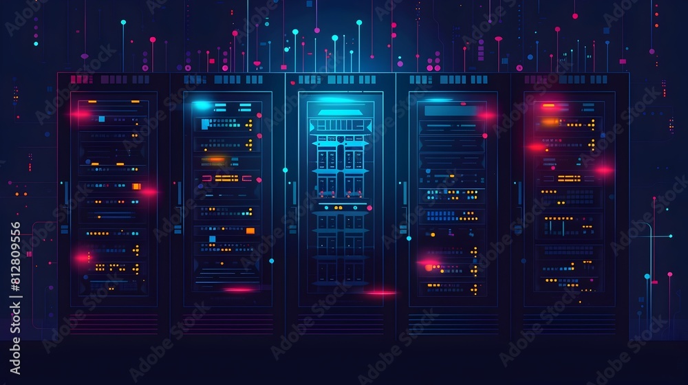 Poster sleek and futuristic server rack architecture concept in vibrant neon lighting
