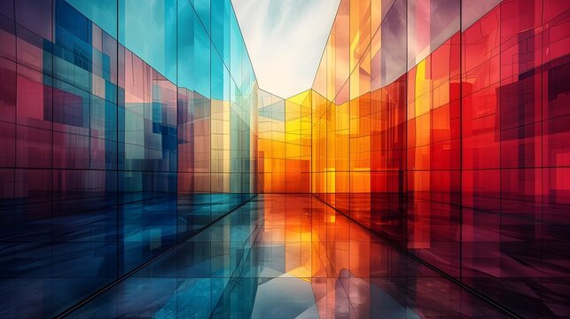 Striking Futuristic Architecture with Vibrant Geometric Reflections in Sleek Urban Cityscape