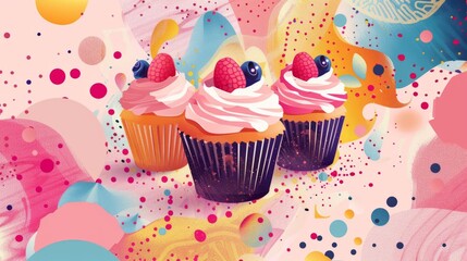 Cupcakes and structured patterns converge in a lively, colorful artwork