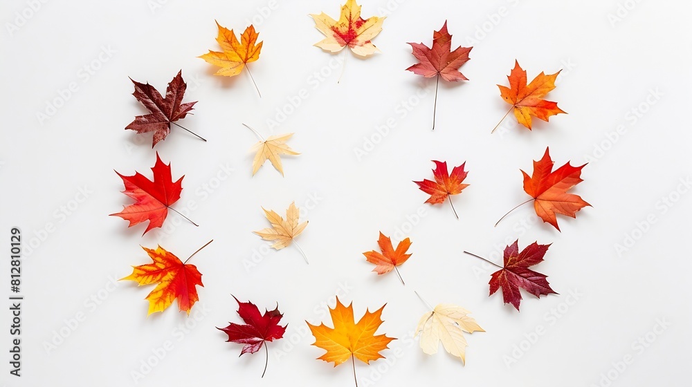 Aufkleber Autumn composition Frame made of autumn maple leaves on white background Flat lay top view copy space : Generative AI