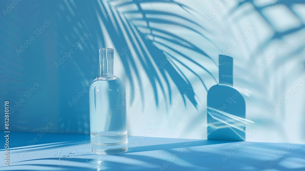 Poster pure water surface texture on blue wall studio with light shadow palm leaves backdroppodium display 