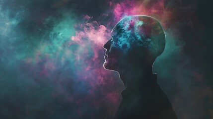 Abstract dark man head space outline with empty mock up place Brainstorm and layout concept : Generative AI