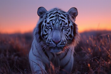 White tiger in the wild at sunset,  Beautiful portrait of a wild cat
