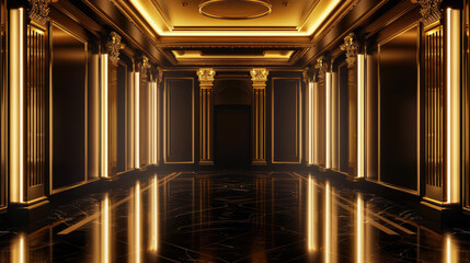 An empty room, a respectable hall with marble finishing in dark colors with beautiful yellow lighting.