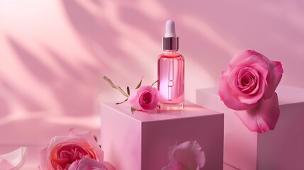 Cosmetic face oil bottle on cube podium with pink roses Organic serum skincare product natural cosmetic branding : Generative AI