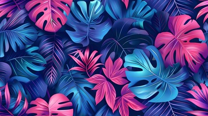 Vibrant Tropical Leaves Botanical Pattern in Vivid Pink Blue and Purple Hues